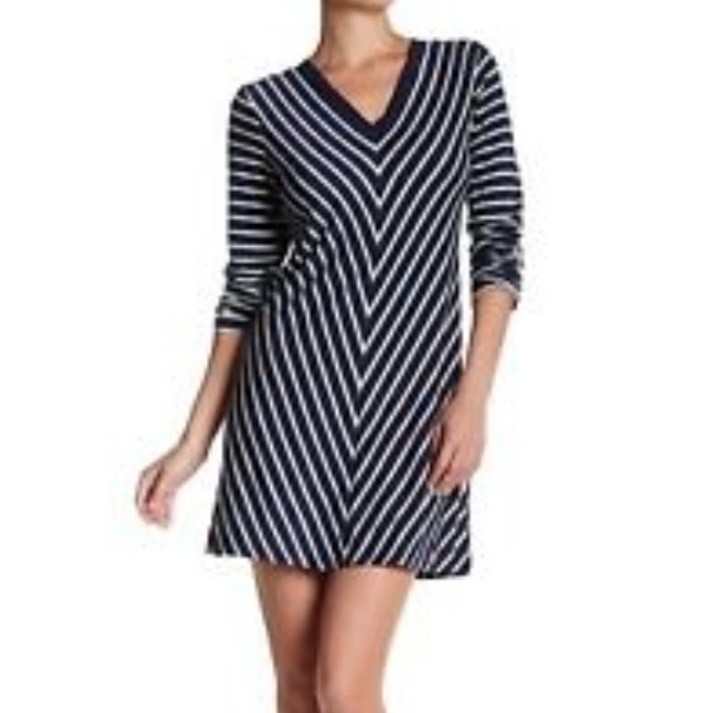 Nwt Max Studio Weekend Womens Navy Striped Dress V-Neck Long Sleeve Medium